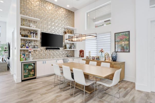 Dining room, Interior, Pendant Lights, Recessed Lighting, Wood Texture Flooring