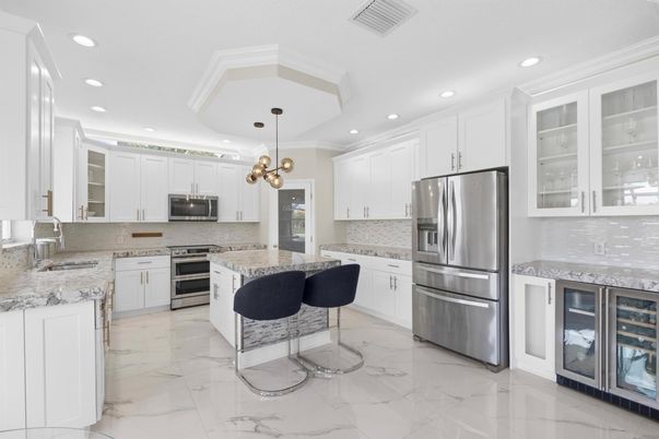 Interior, Kitchen, Marble, Pendant Lights, Recessed Lighting, Stainless Steel Appliances