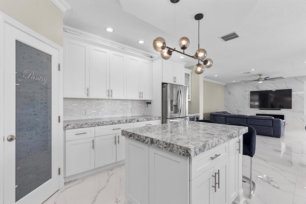 Interior, Kitchen, Marble, Marble Walls, Pendant Lights, Recessed Lighting