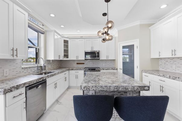 Interior, Kitchen, Marble, Pendant Lights, Recessed Lighting, Stainless Steel Appliances