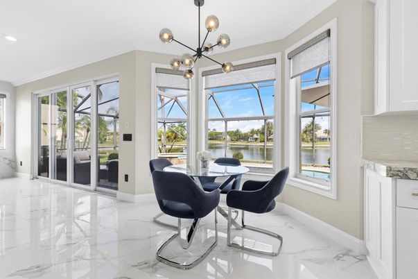 Dining room, Glass Ceilings, Interior, Marble, Pendant Lights, Recessed Lighting, Sun Room, Water