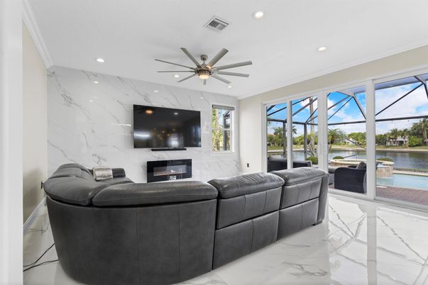 Fireplace, Interior, Living room, Marble, Marble Walls, Recessed Lighting, Water