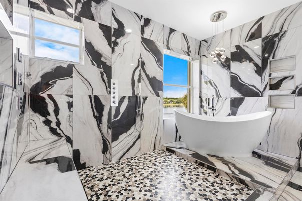 Bathroom, Interior, Marble Walls, Pendant Lights