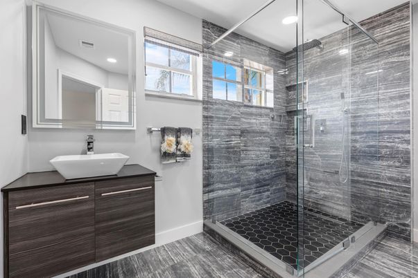 Bathroom, Glass Shower, Interior, Recessed Lighting