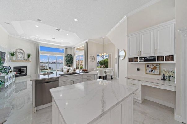 Chandelier, Dining room, Fireplace, Interior, Kitchen, Pendant Lights, Recessed Lighting, Water