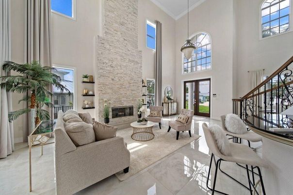 Fireplace, Interior, Living room, Pendant Lights, Stone Walls