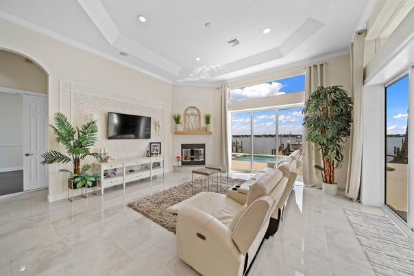Fireplace, Interior, Living room, Marble, Recessed Lighting, Water