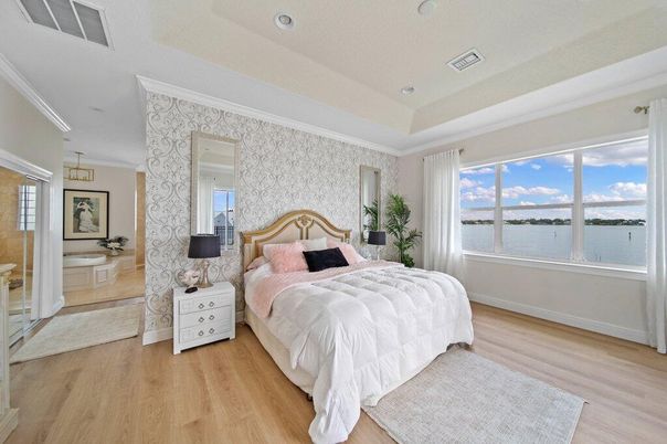 Bedroom, Interior, Recessed Lighting, Water, Wood Texture Flooring