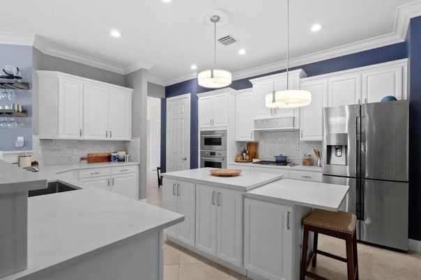 Interior, Kitchen, Marble, Pendant Lights, Recessed Lighting, Stainless Steel Appliances