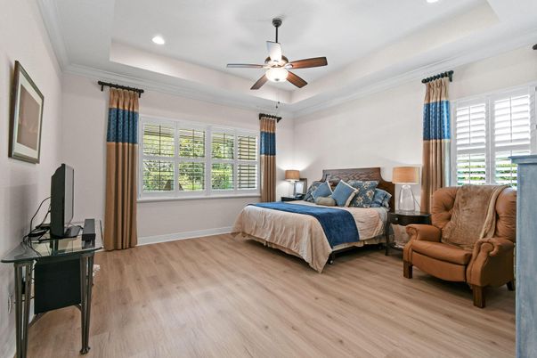 Bedroom, Interior, Recessed Lighting, Wood Texture Flooring