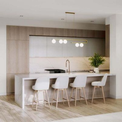Interior, Kitchen, Marble Walls, Pendant Lights, Recessed Lighting, Wood Texture Flooring