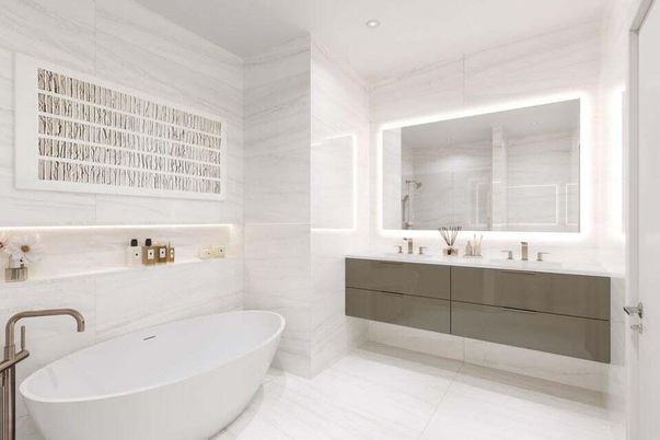 Bathroom, Dual Sink Vanities, Free Standing Baths, Interior, Marble Walls, Recessed Lighting