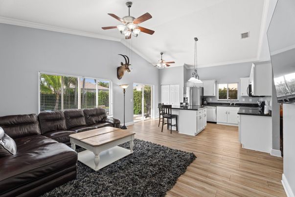 Interior, Kitchen, Living room, Pendant Lights, Wood Texture Flooring