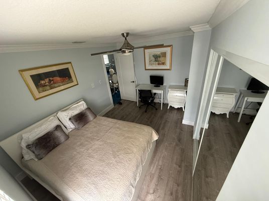Bedroom, Interior, Pendant Lights, Wood Texture Flooring