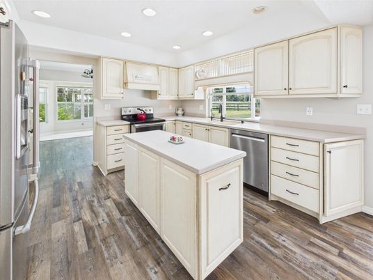 Interior, Kitchen, Recessed Lighting, Stainless Steel Appliances, Wood Texture Flooring