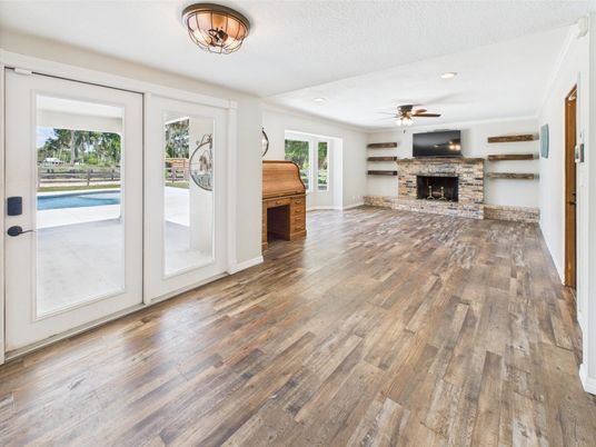 Empty room, Fireplace, Interior, Recessed Lighting, Wood Texture Flooring