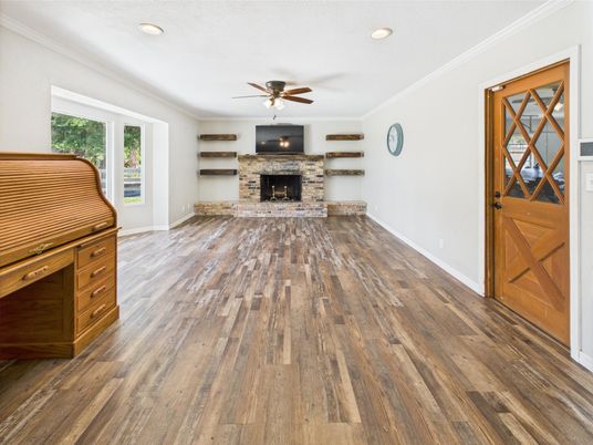 Fireplace, Interior, Recessed Lighting, Wood Texture Flooring