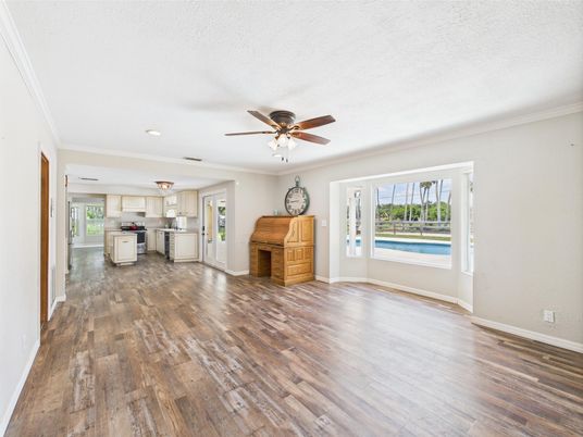 Empty room, Interior, Kitchen, Recessed Lighting, Wood Texture Flooring