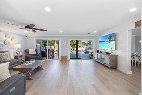 Dining room, Interior, Living room, Recessed Lighting, Wood Texture Flooring