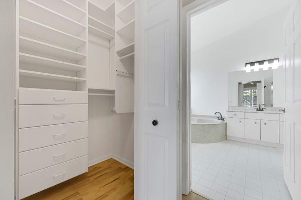 Bathroom, Dual Sink Vanities, Interior, Walk-in Closets, Wood Texture Flooring