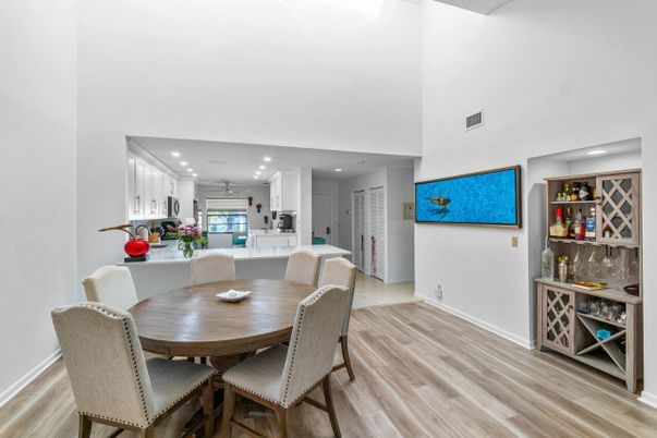 Dining room, Interior, Kitchen, Recessed Lighting, Wood Texture Flooring