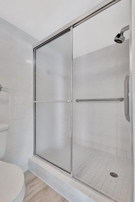 Bathroom, Glass Shower, Interior, Wood Texture Flooring