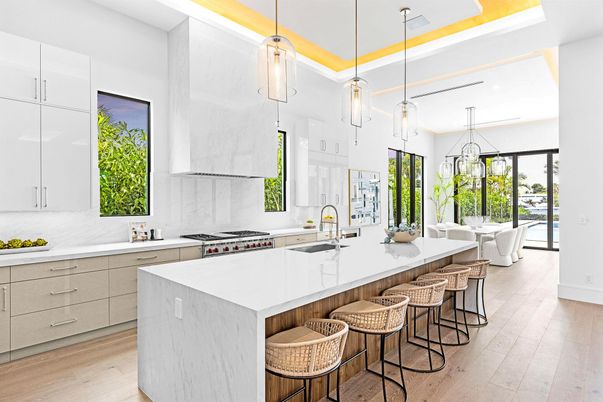 Interior, Kitchen, Pendant Lights, Stainless Steel Appliances, Wood Texture Flooring