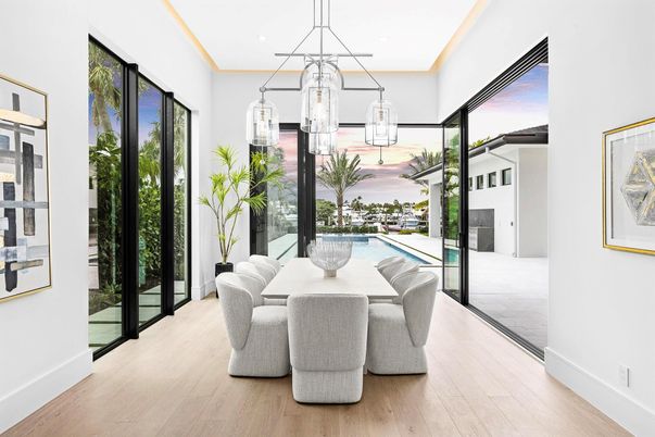 Dining room, Fireplace, Interior, Pendant Lights, Wood Texture Flooring