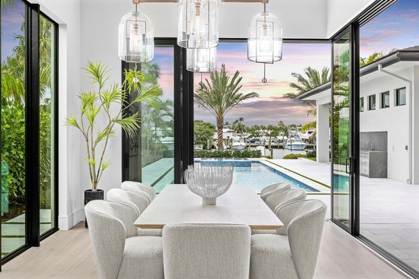 Dining room, Interior, Pendant Lights, Pool, Wood Texture Flooring