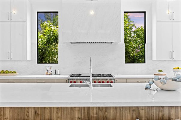 Interior, Kitchen, Marble Walls, Pendant Lights