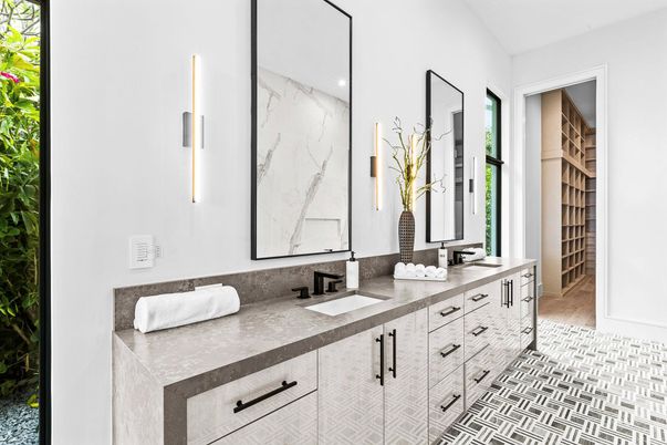 Bathroom, Dual Sink Vanities, Interior, Marble Walls, Recessed Lighting