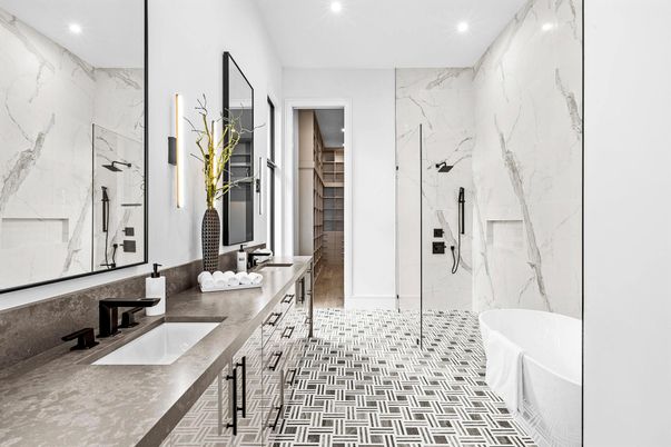 Bathroom, Dual Sink Vanities, Free Standing Baths, Glass Shower, Interior, Marble Walls, Recessed Lighting, Walk-in Closets
