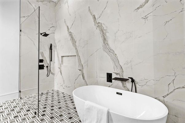 Bathroom, Free Standing Baths, Glass Shower, Interior, Marble Walls