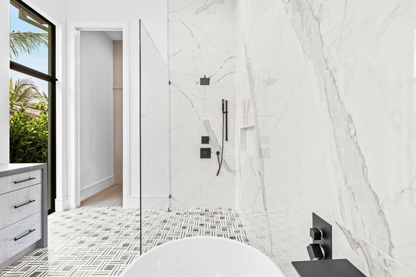 Bathroom, Glass Shower, Interior, Marble Walls