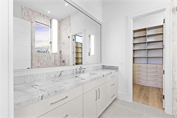 Bathroom, Dual Sink Vanities, Interior, Recessed Lighting, Wood Texture Flooring