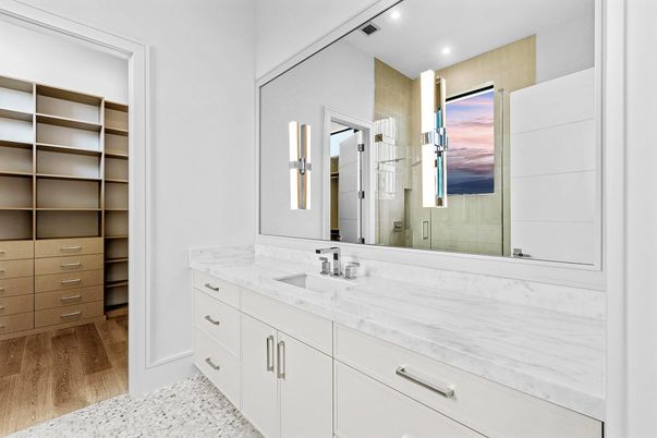 Bathroom, Dual Sink Vanities, Interior, Recessed Lighting, Walk-in Closets, Wood Texture Flooring