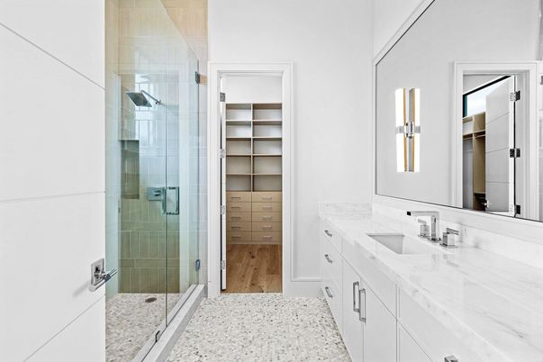 Bathroom, Dual Sink Vanities, Glass Shower, Interior, Walk-in Closets, Wood Texture Flooring