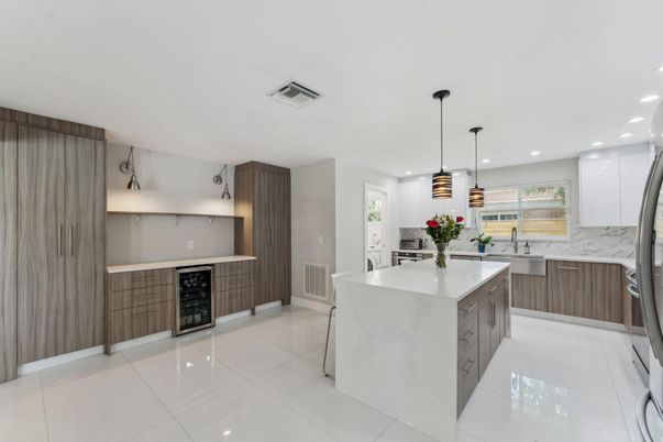 Interior, Kitchen, Marble Walls, Pendant Lights, Recessed Lighting