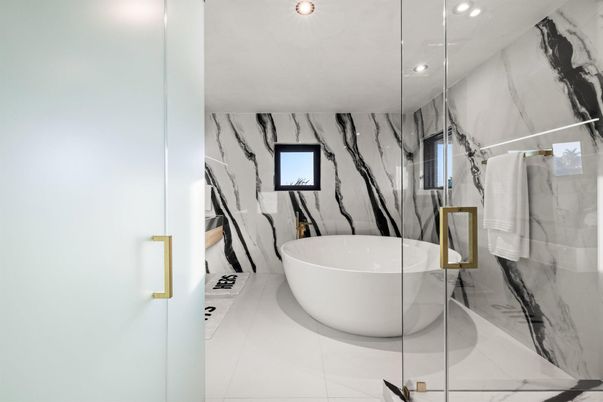 Bathroom, Free Standing Baths, Interior, Marble Walls, Recessed Lighting