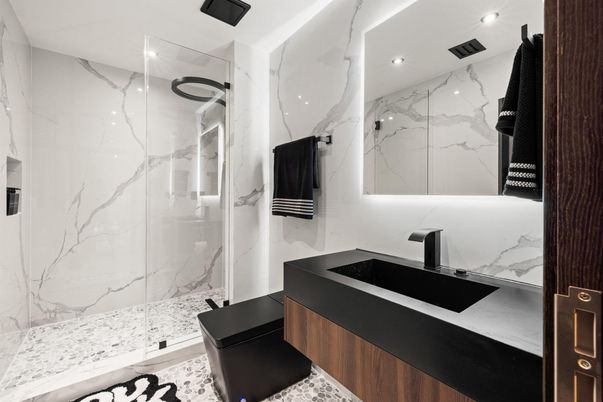 Bathroom, Glass Shower, Interior, Marble Walls, Recessed Lighting