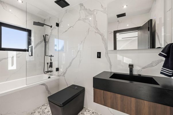 Bathroom, Glass Shower, Interior, Marble Walls, Recessed Lighting