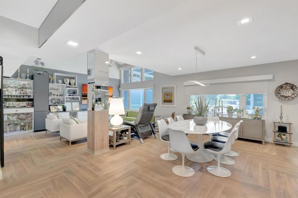 Dining room, Interior, Living room, Pendant Lights, Recessed Lighting, Water, Wood Texture Flooring