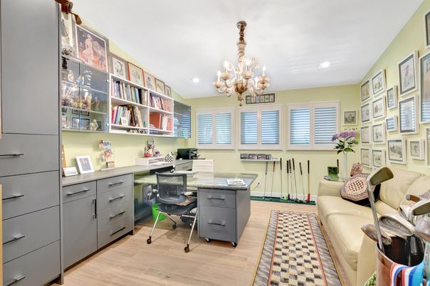 Chandelier, Home Office, Interior, Recessed Lighting, Wood Texture Flooring