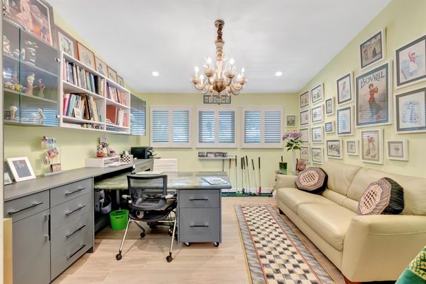 Chandelier, Home Office, Interior, Recessed Lighting, Wood Texture Flooring