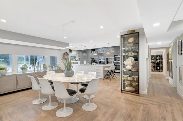 Dining room, Interior, Pendant Lights, Recessed Lighting, Wood Texture Flooring