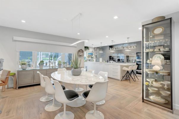 Dining room, Interior, Pendant Lights, Recessed Lighting, Wood Texture Flooring
