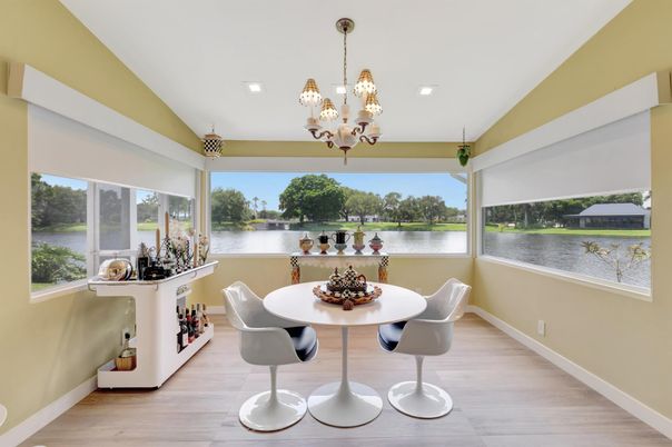 Chandelier, Dining room, Interior, Recessed Lighting, Water, Wood Texture Flooring