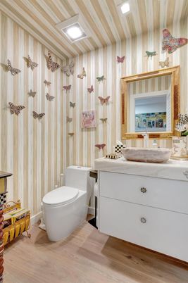 Bathroom, Interior, Recessed Lighting, Wooden Ceilings, Wood Texture Flooring