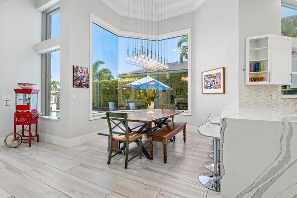 Dining room, Interior, Pendant Lights, Wood Texture Flooring