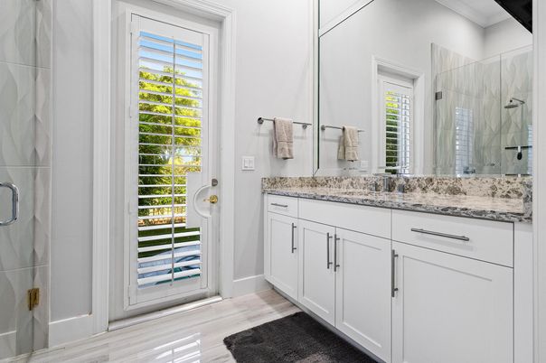 Bathroom, Dual Sink Vanities, Glass Shower, Interior, Wood Texture Flooring